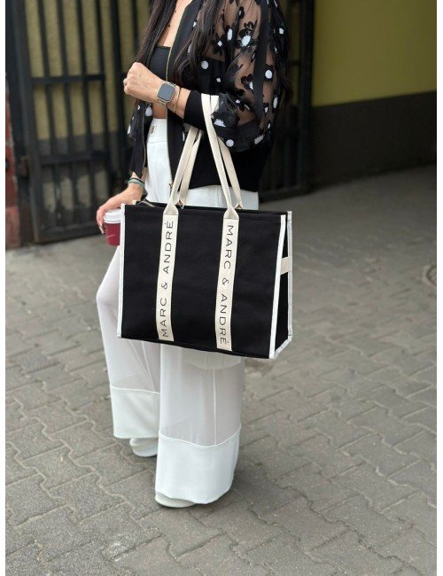 Torba Bawełniana Marc&André Shopper Bag Czarna z Beżowymi Paskami