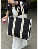 Torba Bawełniana Marc&André Shopper Bag Czarna z Beżowymi Paskami