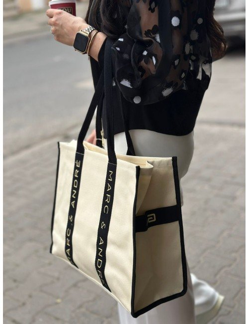 Torba Bawełniana Marc&André Shopper Bag Beżowa z Czarnymi Paskami