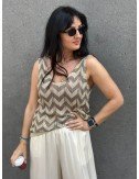 Top Damski Dzianinowy w Zygzak Złota Nitka Made in Italy - Beżowo-Brązowy