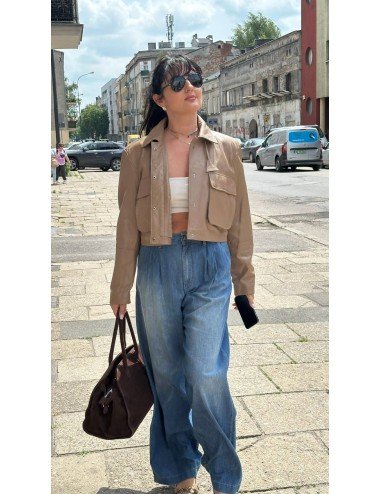 Beżowa Kurtka Skórzana Damska AdoreDanew Crop Top Cielęca Skóra