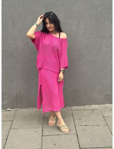 Komplet Bawełniano-Lniany Bluzka Spódnica Midi Frędzle Lato