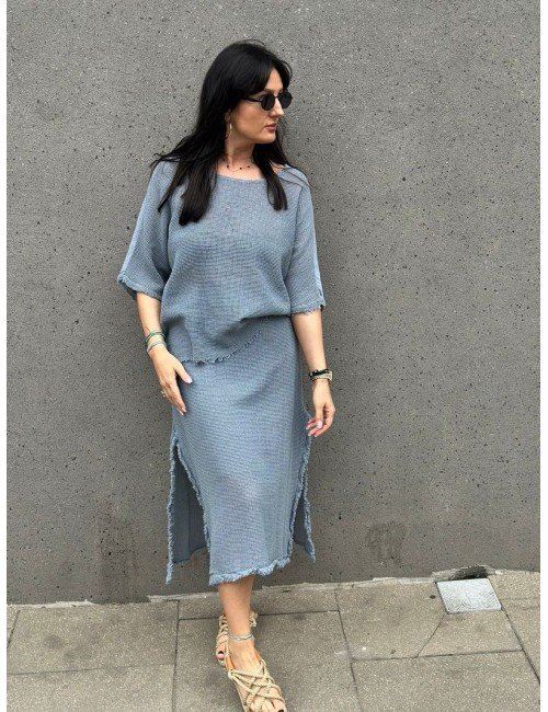 Komplet Bawełniano-Lniany Bluzka Spódnica Midi Frędzle Lato