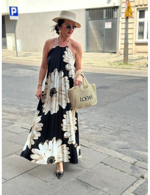 Długa sukienka Lumina z wiązaniem na szyi i kwiatowym printem – 100% wiskoza