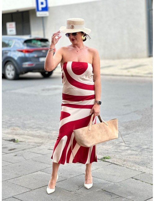 Sukienka Bandeau Wiskozowa Lumina | Czerwono-Ecru Wzór