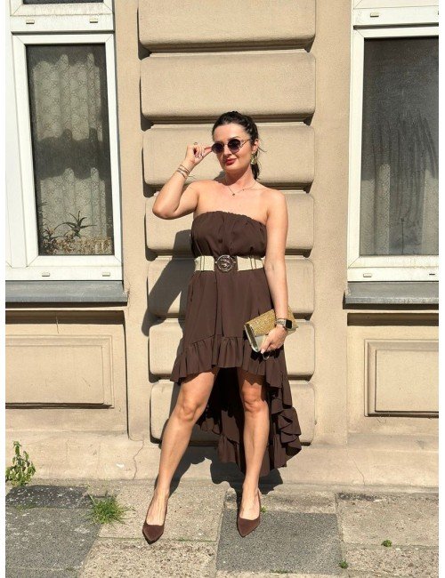 Sukienka Bandeau Lumina Brązowa | Poliester | Włoska Marka | Falbany Asymetryczna