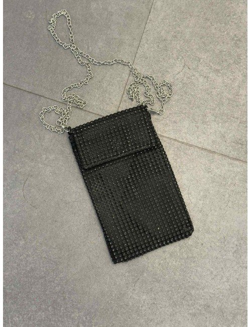 Czarna Saszetka na Telefon z Łańcuszkiem | Torebka Wieczorowa Błyszcząca | Sklep Online