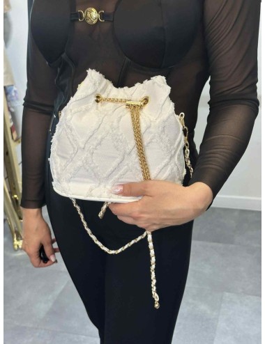 Torebka Worek Jeansowa | Złoty Łańcuszek z Perłami | Postrzępiony Wzór | Torebka Letnia