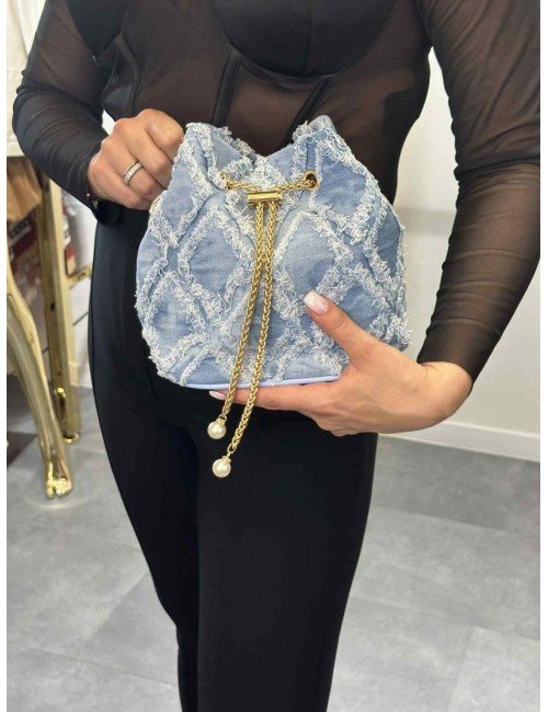 Torebka Worek Jeansowa | Złoty Łańcuszek z Perłami | Postrzępiony Wzór | Torebka Letnia