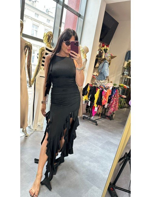 Sukienka Midi Falbany Rozcięcia | Czarna Biała Różowa | Sukienka Elastyczna | Elegancka Sukienka