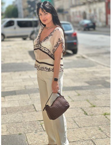 Bluzka Jedwabna Haftowana | Etincelle Made in France | Bluzka Letnia | Dekolt V | Bluzka Luksusowa