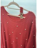 Czerwony Sweter Perełki | Rozmiar Uniwersalny | Sweter Puszysty | Klamra Złota | Sweter Damski