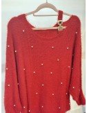 Czerwony Sweter Perełki | Rozmiar Uniwersalny | Sweter Puszysty | Klamra Złota | Sweter Damski