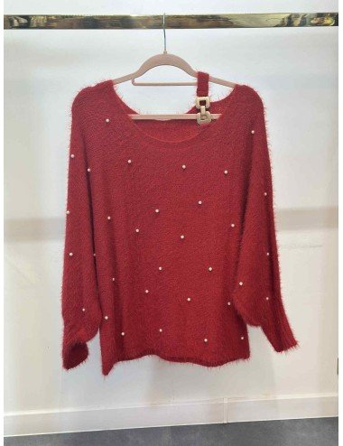 Czerwony Sweter Perełki | Rozmiar Uniwersalny | Sweter Puszysty | Klamra Złota | Sweter Damski