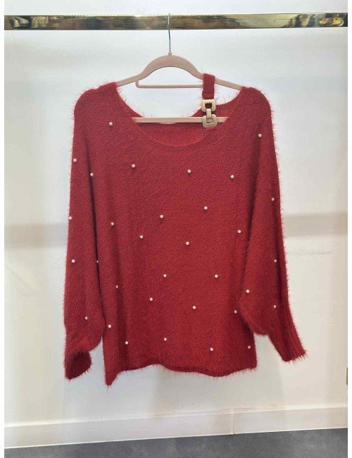 Czerwony Sweter Perełki | Rozmiar Uniwersalny | Sweter Puszysty | Klamra Złota | Sweter Damski