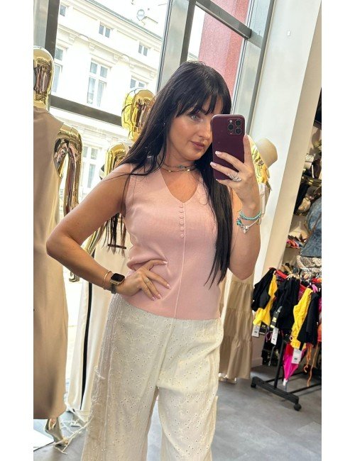 Różowa Bluzka Wiskozowa Bez Rękawów Dekolt V Guziki