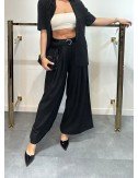 Czarne Spodnie Damskie Szerokie Nogawki Wysoki Stan Pasek Made in Italy