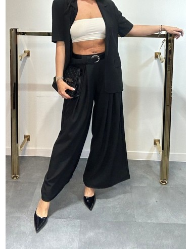 Czarne Spodnie Damskie Szerokie Nogawki Wysoki Stan Pasek Made in Italy