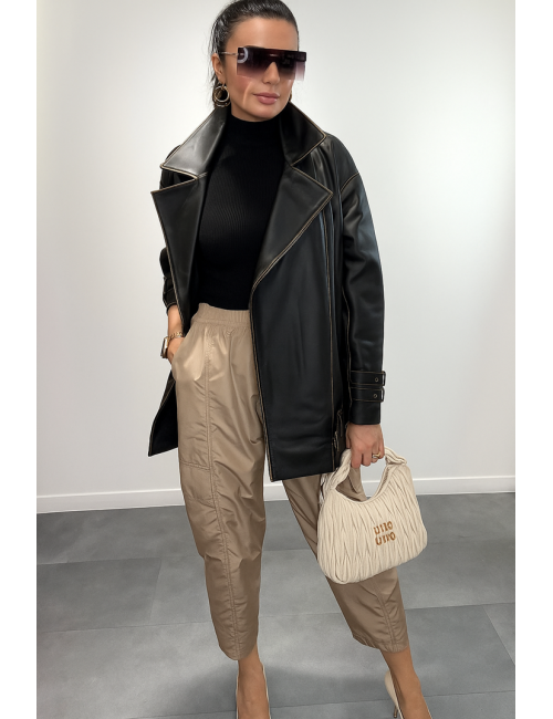 Damska Kurtka Skórzana AdoreDanew – 100% Skóra Naturalna, Oversize, Złote Detale | S-3XL