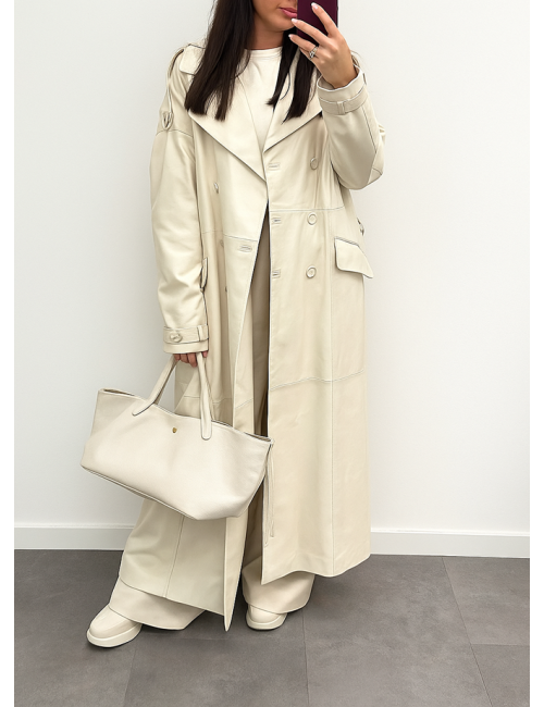 Płaszcz Skórzany Damski AdoreDanew – Kremowy, Naturalna Skóra, Połyskujący Trencz | S-3XL