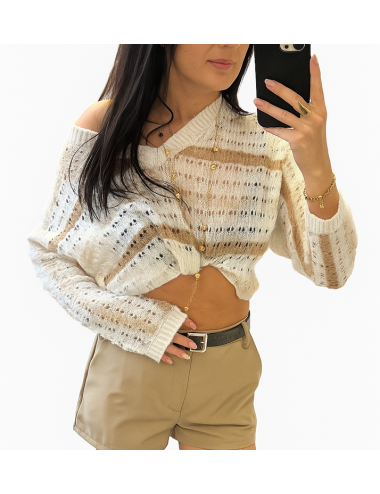 Sweterek Ażurowy Damski Wełna Alpaka Made in Italy Kremowy