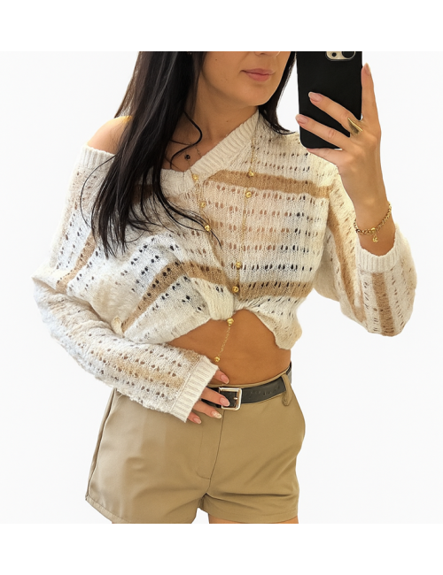 Sweterek Ażurowy Damski Wełna Alpaka Made in Italy Kremowy