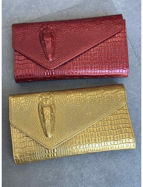 Torebka Kopertówka Damska z Wzorem Skóry Aligatora – Złota i Czerwona // 4775