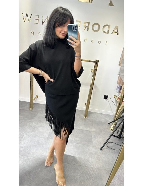 Czarny Komplet Sweter i Spódnica z Frędzlami - Made in Italy // 4794