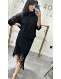 Czarny Komplet Sweter i Spódnica z Frędzlami - Made in Italy // 4794