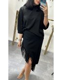 Czarny Komplet Sweter i Spódnica z Frędzlami - Made in Italy // 4794