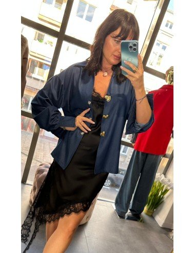 Koszula Denimowa Oversize Parocas 'Valentina' – Granatowa Bawełna z Biżuteryjnymi Złotymi Napami (Made in Italy) // 4860