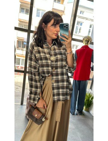 Koszula Flanelowa Zeta Otto 'Cosmic Plaid' – Brązowa Krata z Biżuteryjnymi Broszkami (Made in Italy) // 4863