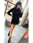 Sukienka Mini Sweterkowa Black Fringe – Glamour z Frędzlami i Efektem 3D // 4875