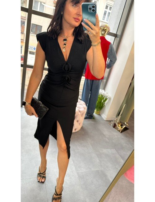 Włoska Czarna Sukienka 'Midnight Rose' Midi – Dopasowana z Drapowaniem i Rozcięciem (Made in Italy) // 4884