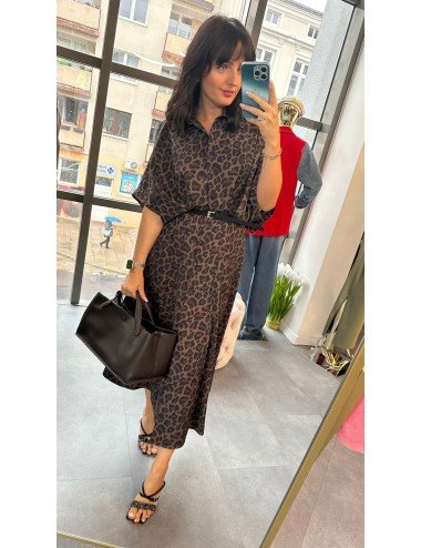 Włoska Szmizjerka Midi 'Wild Safari' Imperial – Sukienka w Panterkę z Paskiem (Made in Italy) // 4885