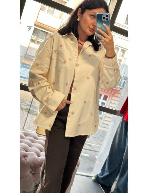 Koszula 'Ivory Charm' - Oversize Ecru z Beżowym Haftem (100% Bawełna, Made in Italy) // 4831