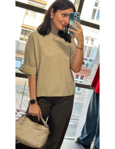 Elegancki Sweter Beżowy typu T-Shirt Mock-Neck - Włoska Jakość i Komfort // 4845