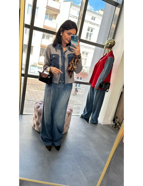 Kardigan Sweter Zapinany Szary z Jeansowym Kołnierzykiem i Kieszeniami Made in Italy // 4827