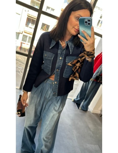 Kardigan Sweter Zapinany Granatowy z Kołnierzykiem i Jeansowymi Kieszeniami Made in Italy // 4828