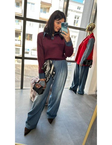 Sweter Polo Burgundowy z Jeansowym Kołnierzykiem i Mankiety Made in Italy // 4826