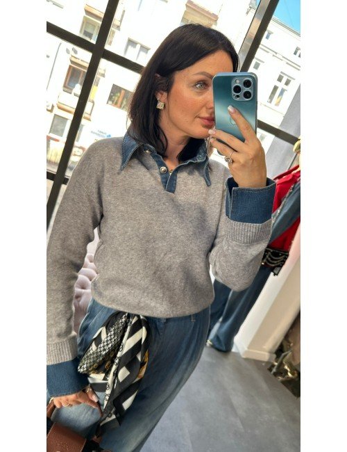 Sweter Polo Szary z Jeansowym Kołnierzykiem i Mankiety Made in Italy // 4825