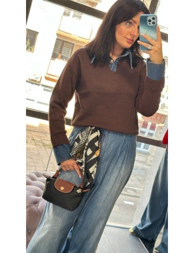 Sweter Polo Brązowy z Jeansowym Kołnierzykiem i Mankiety Made in Italy //  4824