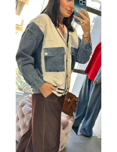 Kardigan Rozpinany College Jeans Patchwork Biały Made in Italy (Uniwersalny) // 4832