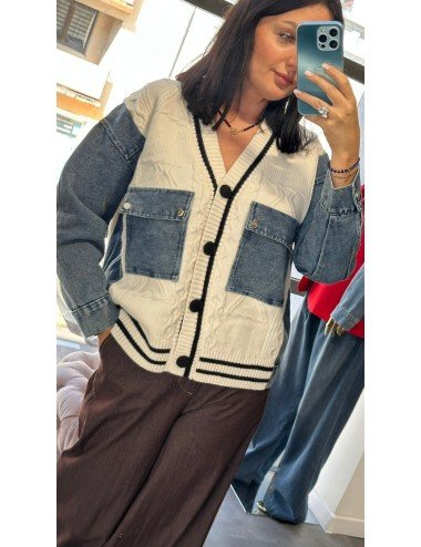 Kardigan Rozpinany College Jeans Patchwork Biały Made in Italy (Uniwersalny) // 4832