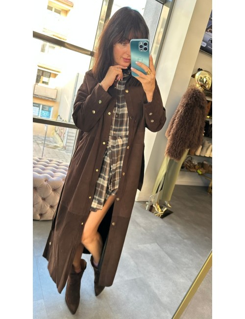 Płaszcz Szmizjerka Maxi Czekoladowy Wiązany – Zamszopodobny, Złote Napy AdoreDanew // 4889