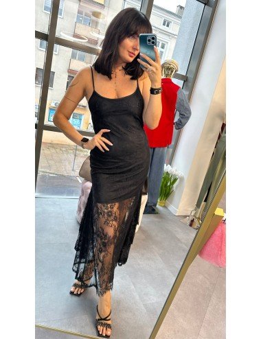 Luksusowa Czarna Koronkowa Sukienka Slip Dress Asymetryczna – Made in Italy, One Size // 4901