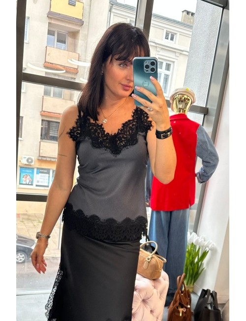 Satynowa Bluzka Cami Top z Czarną Koronką - Szary Grafit, Made in Italy // 4907