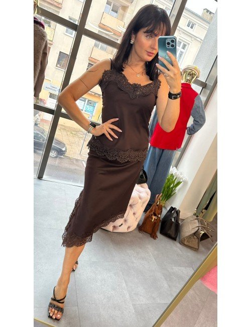 Asymetryczna Spódnica Midi z Koronką i Gumką w Pasie – Czekolada, Made in Italy // 4911