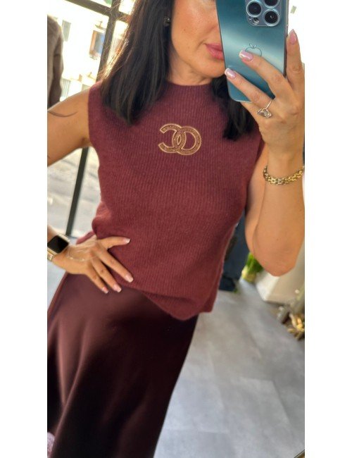 Ekskluzywny Sweter Bez Rękawów z Prążkowanej Dzianiny – Odcień Wino/Bordo, Made in Italy // 4913