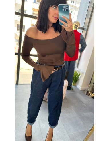 Body Off Shoulder z Szerokimi Mankiety – Czarny/Czekoladowy, Rozmiar Uniwersalny, Made in Italy // 4919